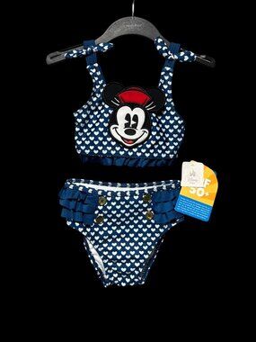NWT Disney Baby Girls 18-24 Month Mickey Mouse 2-Piece Swimsuit Navy White Heart